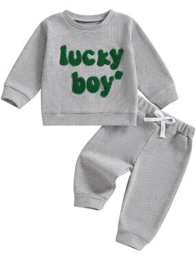 💜 Gray Baby boys waffle knit Sweatshirt & Jogger Set- 6/12mth